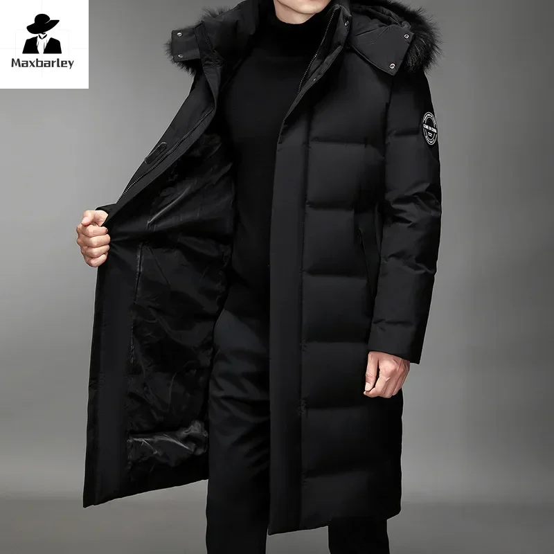 Winter Long Down Jacket Men\'s Light Luxury Fur Collar Hooded Windproof White Duck Down Warm Coat Korean Thick Snow Puffer Jacket