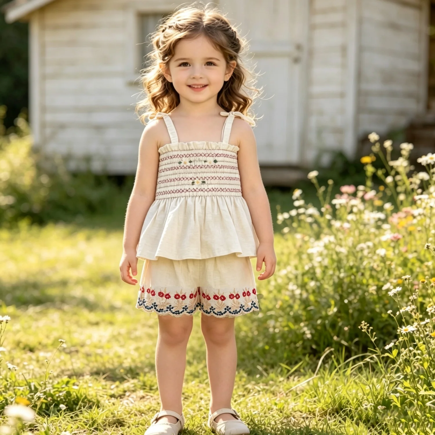 Children Summer Flower Embroidery Sets Sleeveless Strap Vest 2pcs Smocked Camisole and Shorts Baby Girls Casual Cotton Clothing