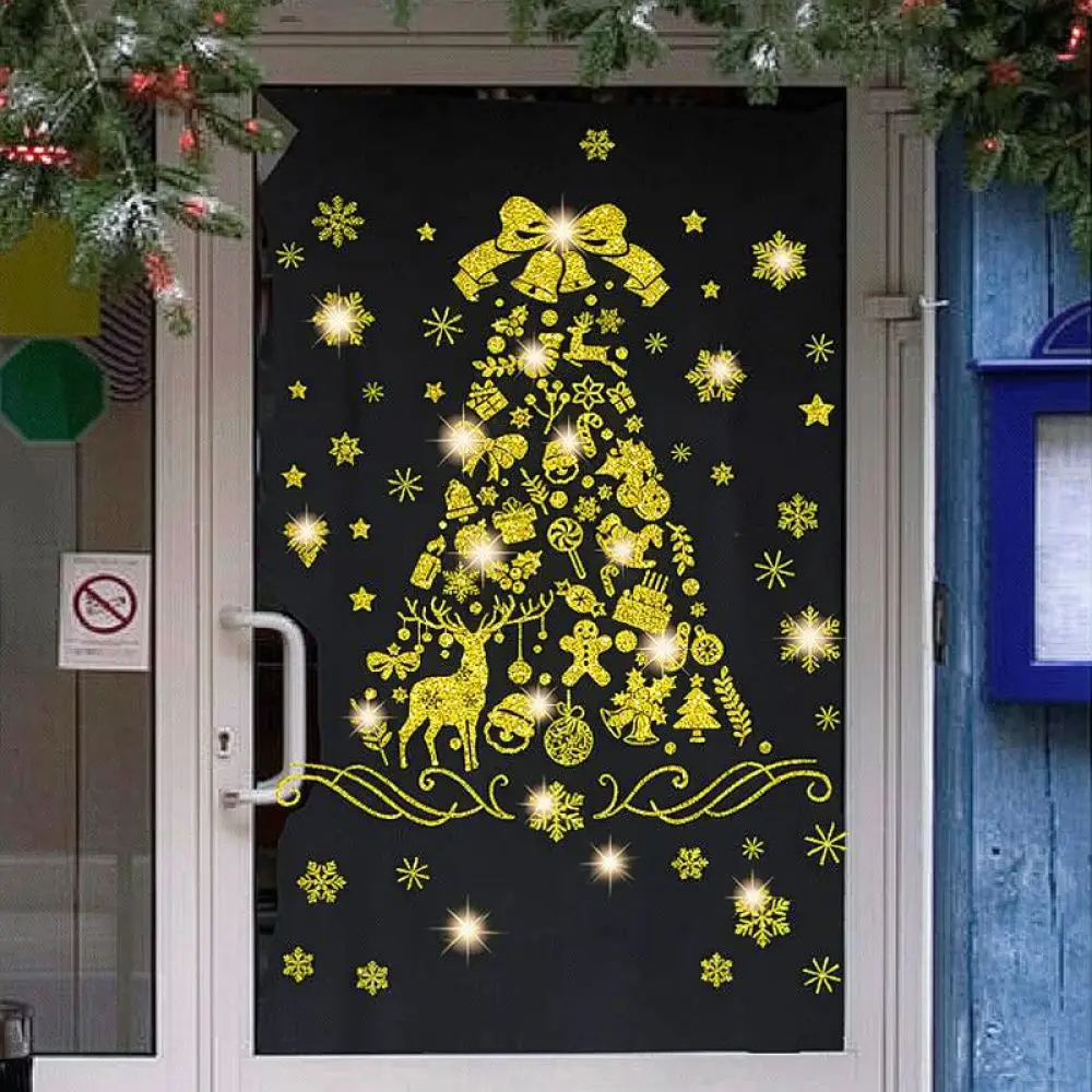 Festive Christmas Tree Stickers Glitter Gold Silver Static Cling Window Decals Reusable Glass Decor For Home Party