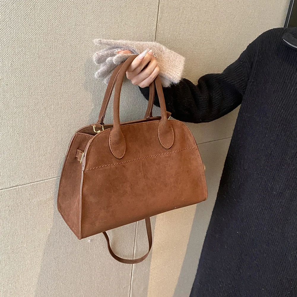 Women Stylish Crossbody Bag Large Capacity Suede Tote Bag Vintage Commuting Bag Solid Color Adjustable Strap Daily Sling Bag