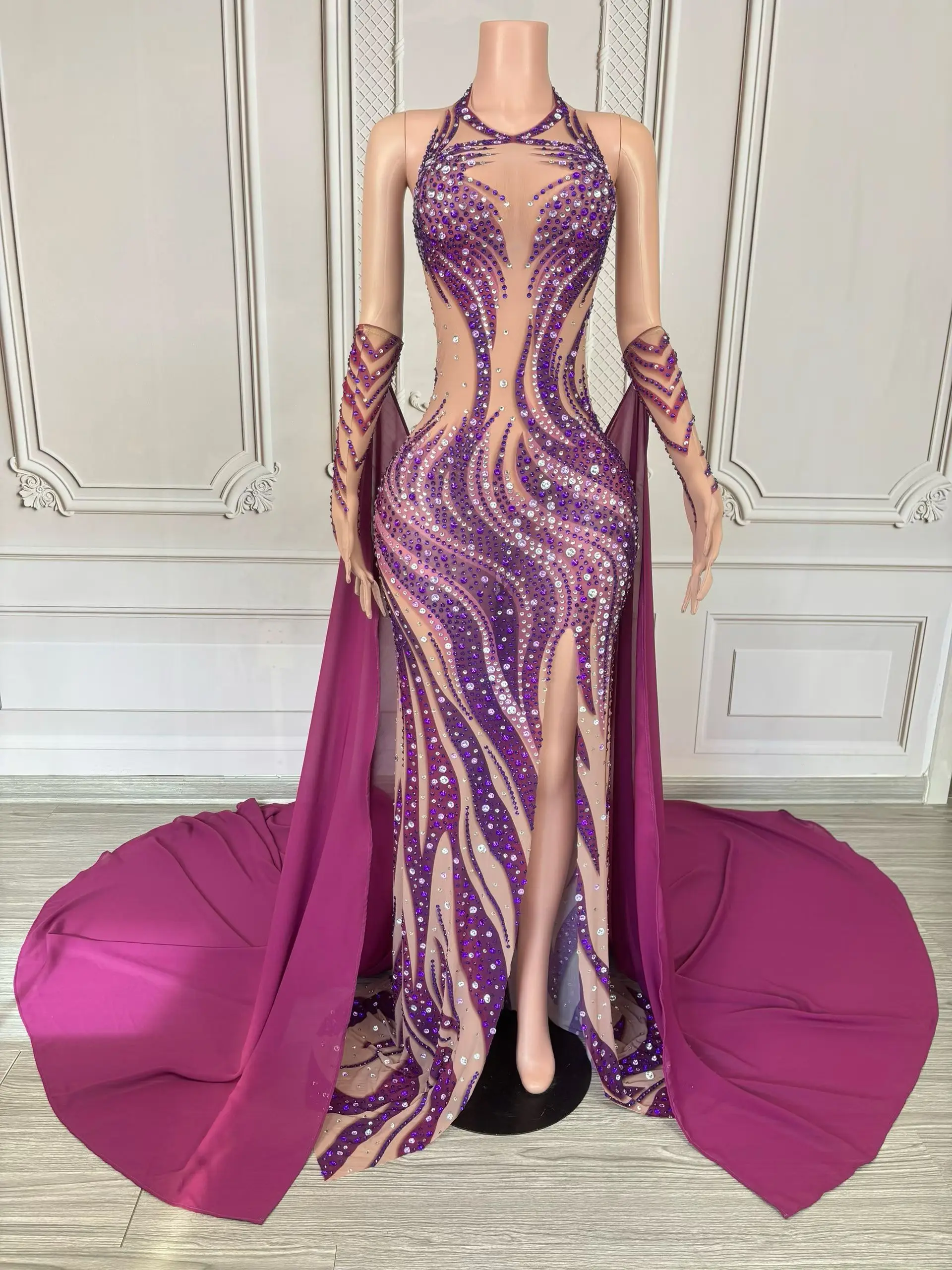 Puti Fashion Women Evening Gown Purple Printed See Through Mesh Trailing Skirt Gloves Wedding Birthday Cocktail Prom Gowns