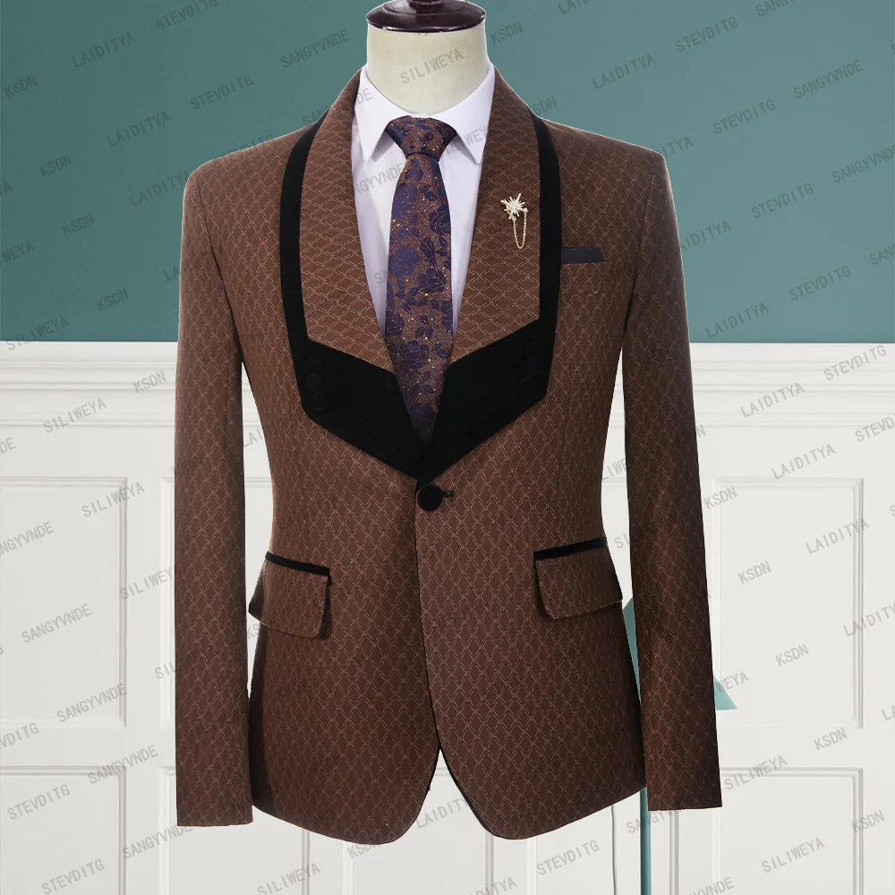 

2023 New Men Wedding Party Brown Linen Reto Classic Plaid Black Velvet Lapel Red Dots Jacket Fashion Slim Fit Suit Blazer Coat