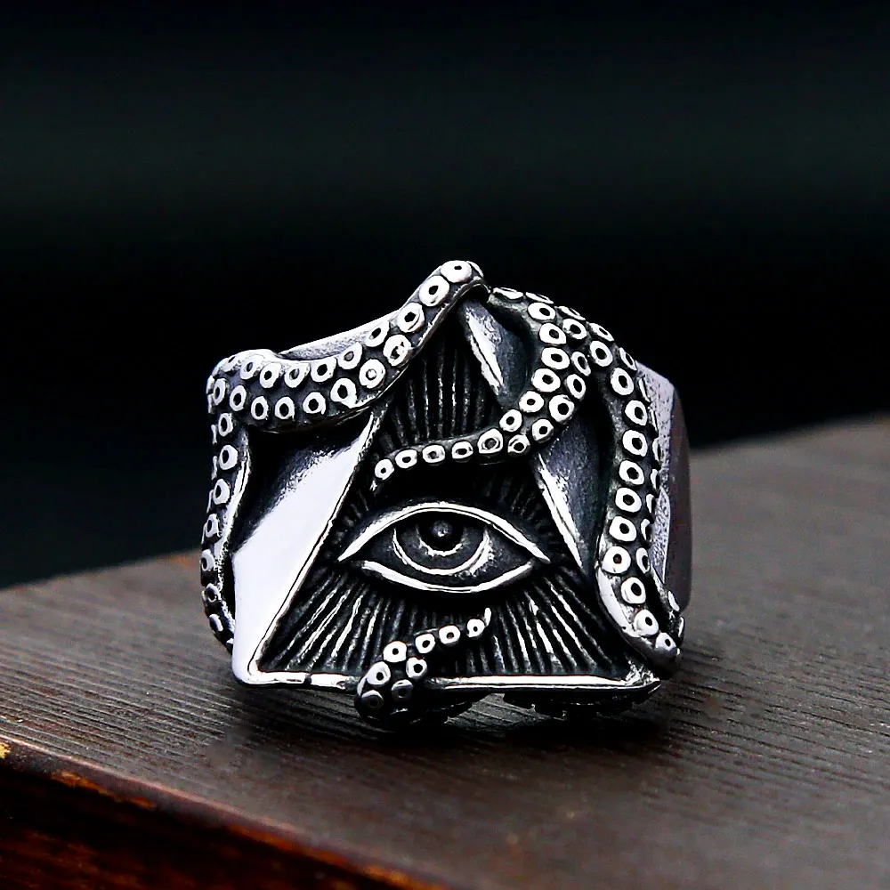 Vintage 3D All Seeing Eye Octopus Wide Signet Ring Stainless Steel Freemason Triangle Rings For Men Women Trendy Jewelry Gifts