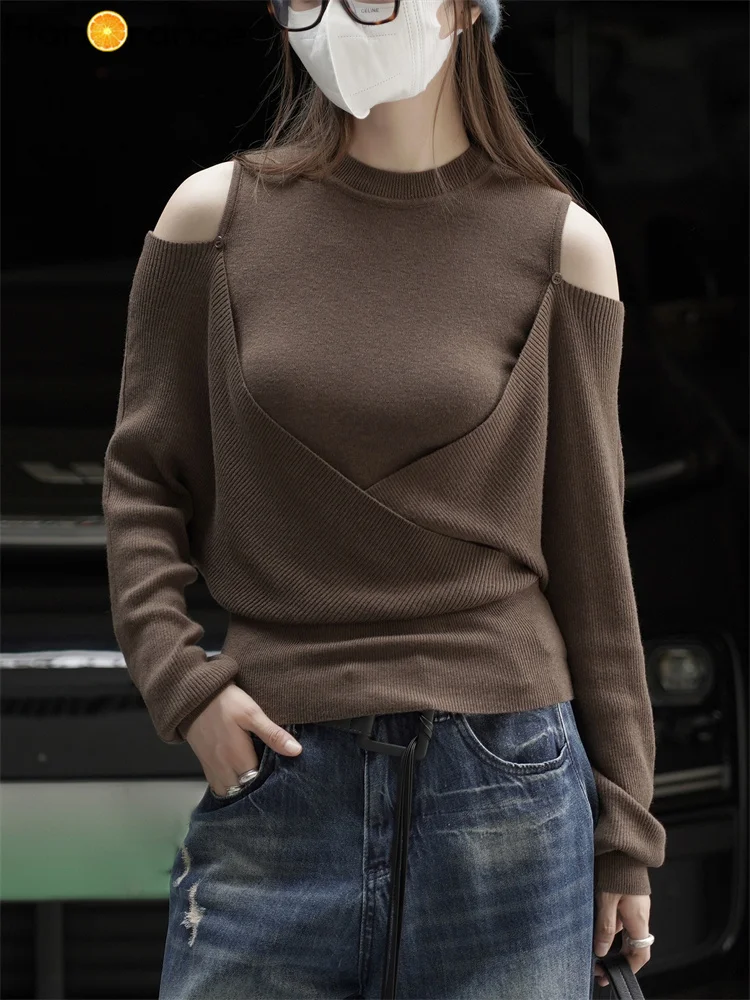 

HanOrange 2025 осень/зима ленивый асимметричный вязаный свитер с открытыми плечами женский шерстяной топ абрикосовый/темный кофейный/средний серый