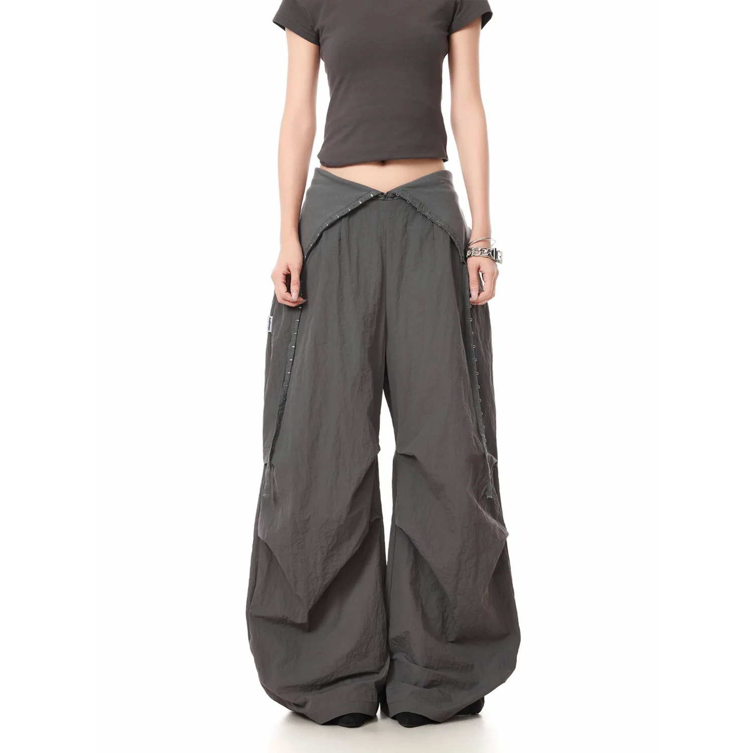 Women Wide Leg Pants 2025 Autumn New Retro High Waist Pants Embellished Foldover Low Rise Wide Leg Jazz Dance Casual Trousers