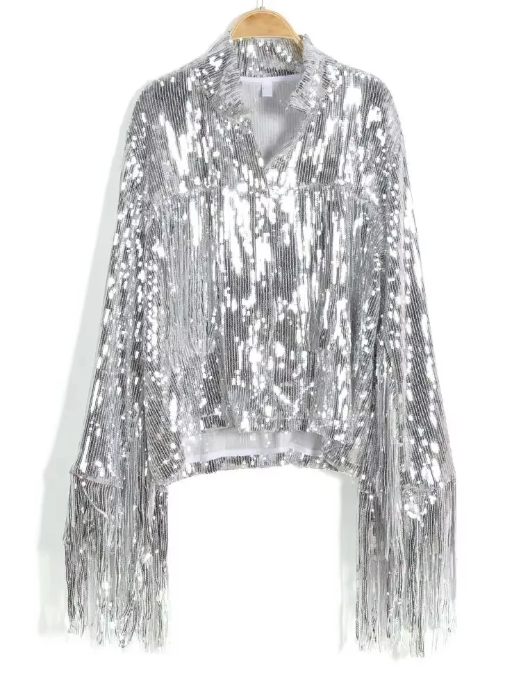 

Sequin Jacket Zipper Autumn Winter Streewear Rock Bf Retro Long-sleeved Silver Reflective Coat Women Outwear Tops