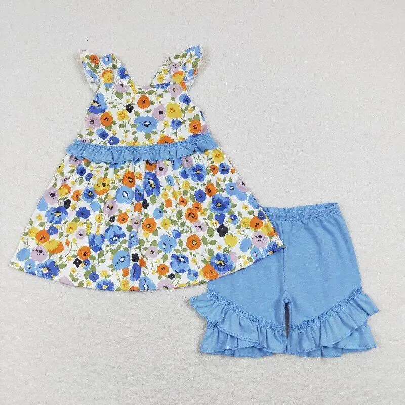 

RTS Baby Girls Wholesale Toddler Blue Floral Flowers Tunic Top Ruffle Shorts Boutique Outfits Summer Clothes Sets