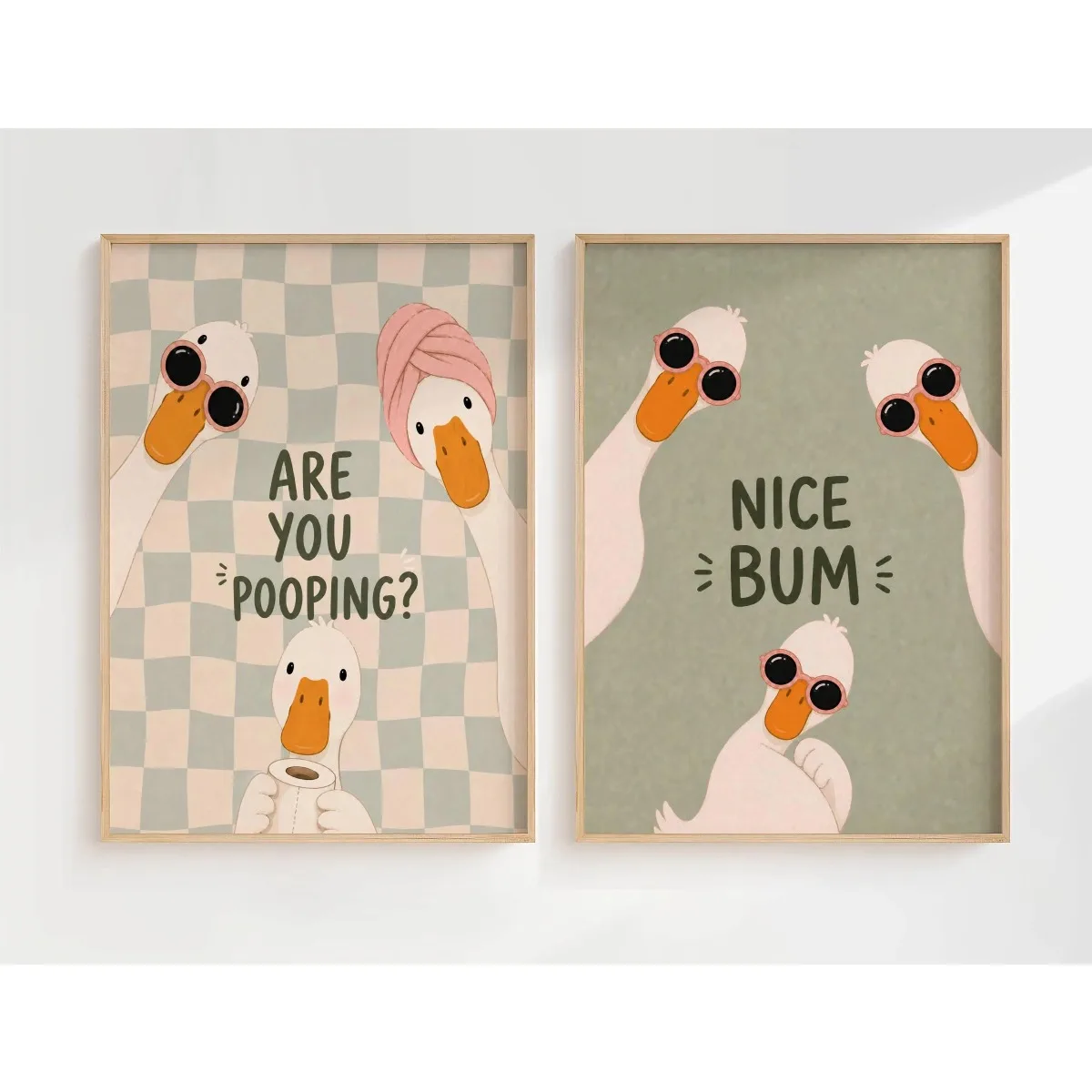 1/2pcs Funny Duck Bathroom Canvas Prints Poster Are You Pooping Cute Goose Checkered Art Prints Humorous Toilet Wall Home Decor