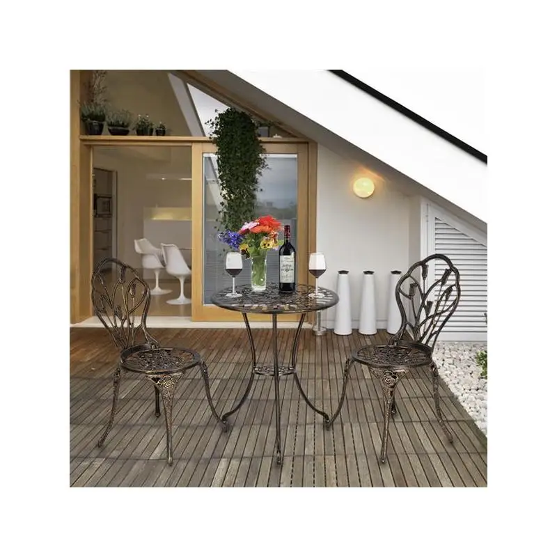 Aluminum Outdoor 3-Piece Tulip Bistro Set - Bronze Finish Table & Chairs for Patio Dining
