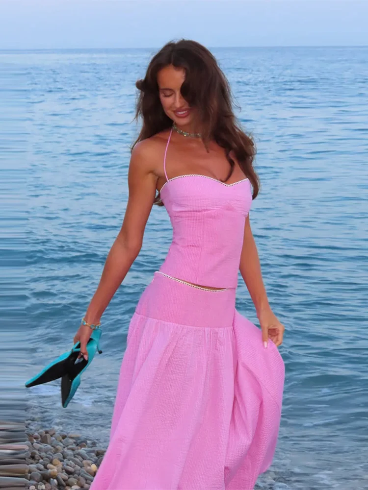Sexy Halter Crop Top Skirt Sets Women Beach Contrast Slim Knit Vest Long A-line Skirts Two Piece Set 2026 Summer Lady Beachwear image 4