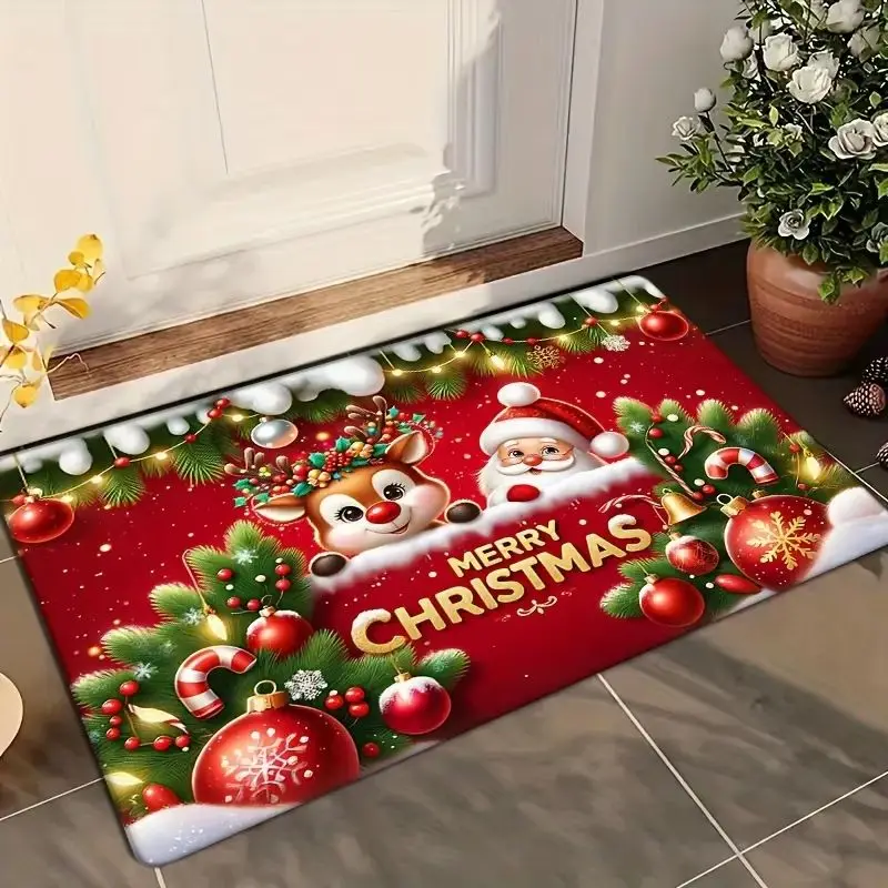 VIKAMA Christmas Doormat Reindeer Santa Ornament Candy Cane, Red Welcome Mat Merry Christmas, Non Slip Rug, Happy New Year 2027