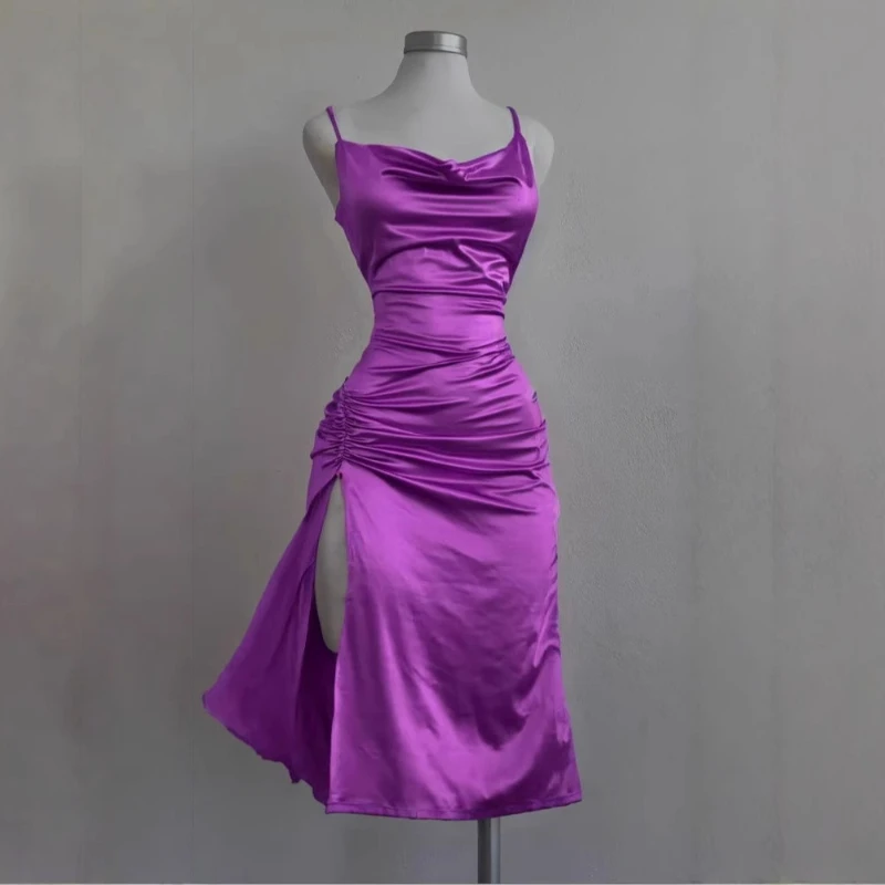 Nuevo vestido de noche de fiesta con tirantes para mujer moda Y2k sin espalda Color sólido Puckered Split Sexy sin mangas vestido ajustado a la cadera