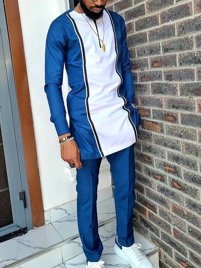

African men's luxury fashion white and blue print long sleeve two-piece set