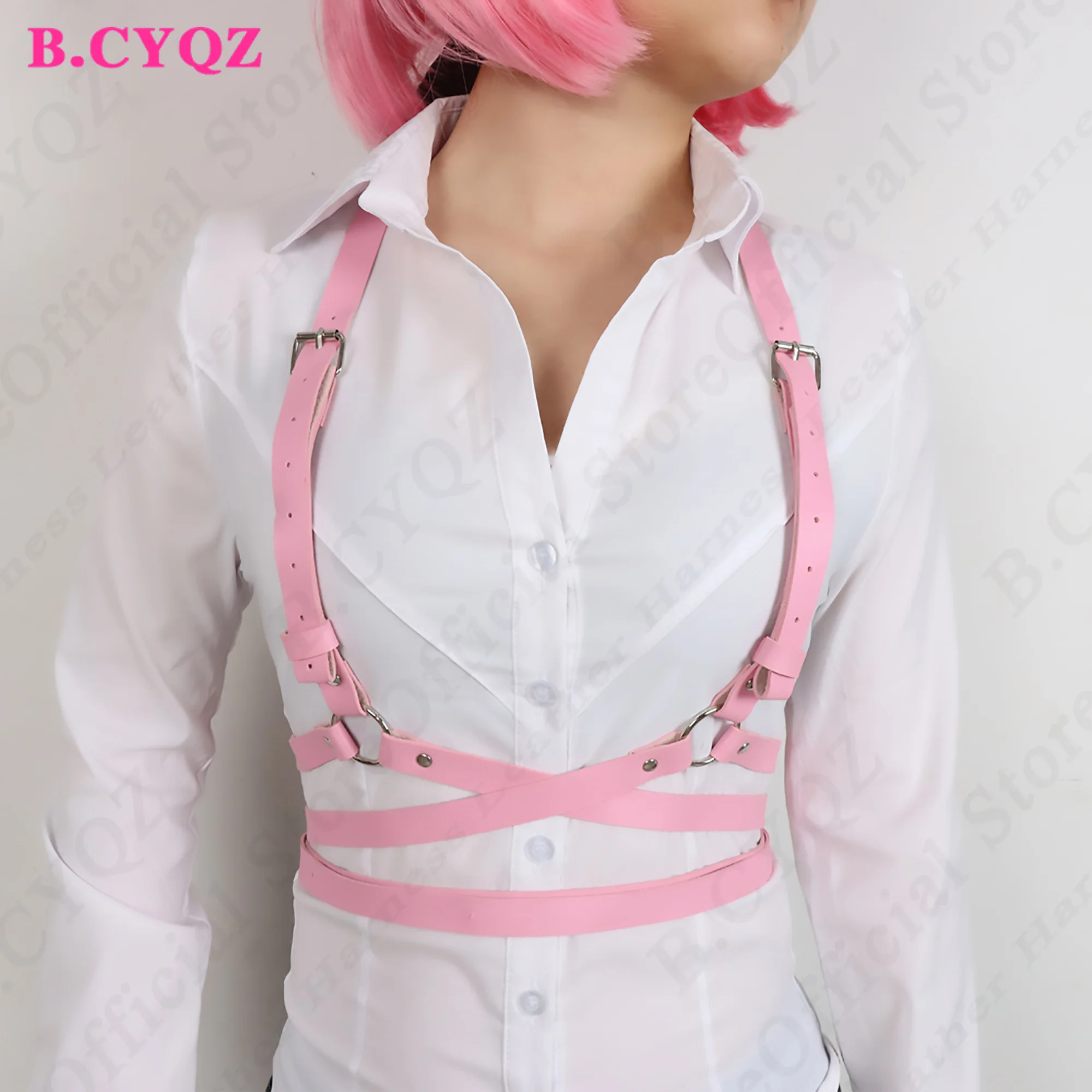 Sexy Pink PU Leather Harness Belt Fashion Chest Harness Bondage Suspenders Women Goth Lingerie Fetish Clothing Rave Accessories