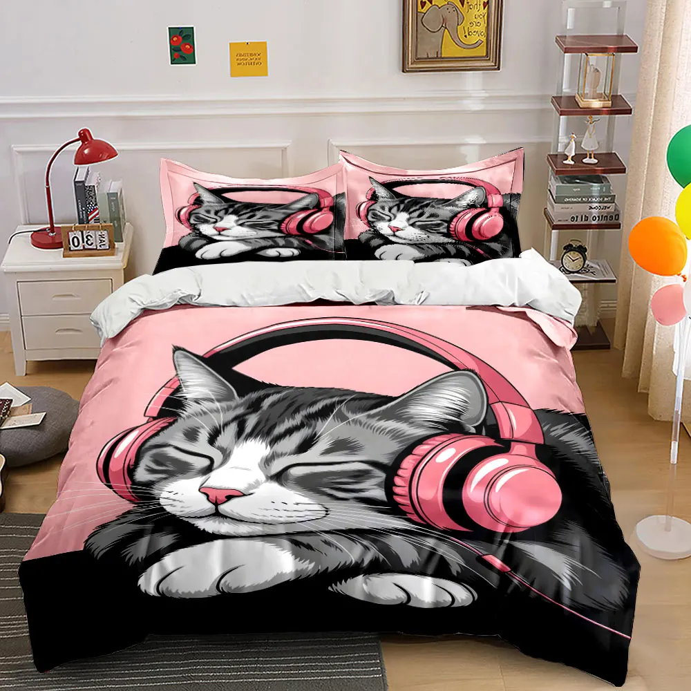 Relaxed Cat Wearing Pink Headphones Print Bedding Set 1 Duvet Cover 2 Pillowcases for Adult and Children Luxury Gift Full Size