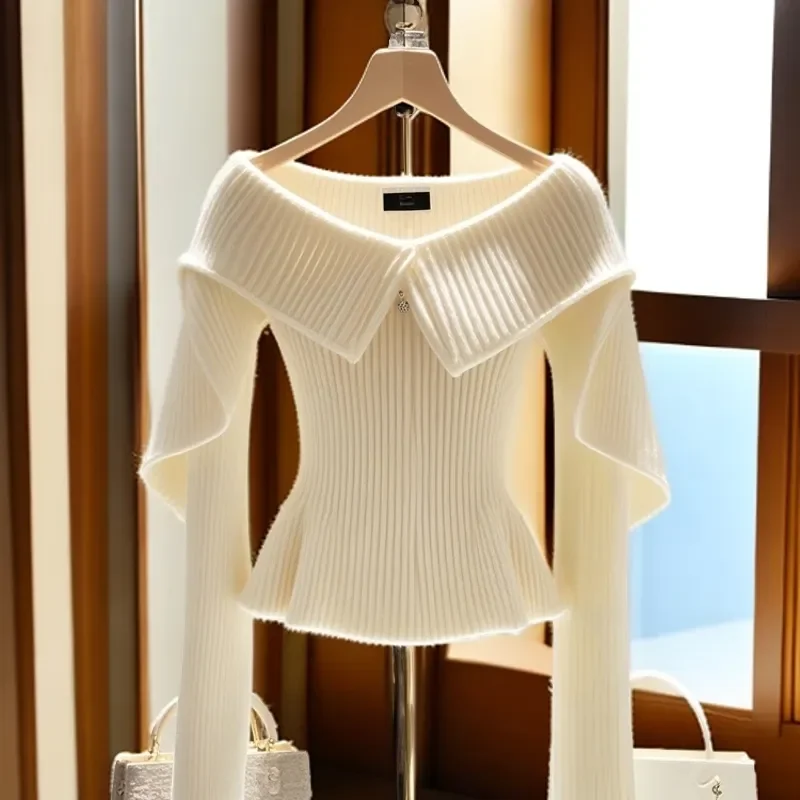 

Pullover Women Autumn Winter White Slash Neck Long Sleeved Slim Chic Sweater Korean Elegant Fashion Knitted Crop Top