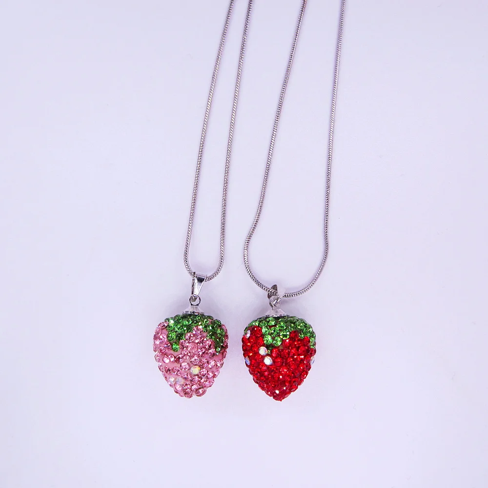 Women Spring Summer Lovely 16*18MM Pink&Red Color High Quality Rhinestone Strawberry Charm Pendant Chain Necklace Gift For Girl