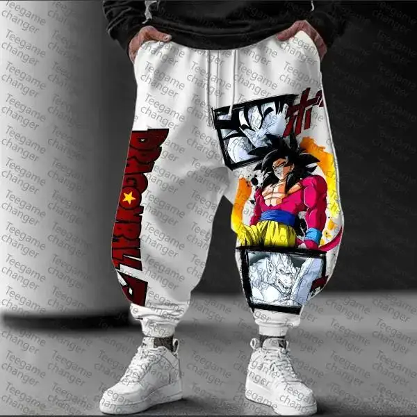 Celana Katun Pola Goku Putih Unisex Celana Panjang Anime dengan Manset di Pergelangan Kaki Gaya Harem Ukuran Ekstra Besar Celana Jogger Kaki Lebar Pakaian Kasual