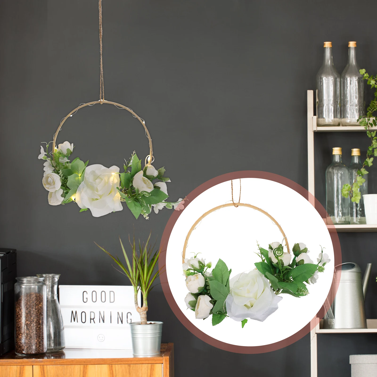 Decoración colgante de flores artificiales, cinta de simulación, lámpara, corona de dormitorio, anillo de bambú colgante