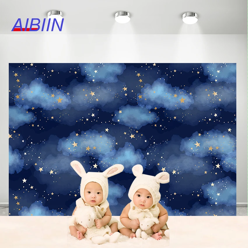 

Baby Shower Photography Backdrop Dark Blue Sky Cloud Gold Star Boy Birthday Party Background Decoration Kids Portrait Photoshoot