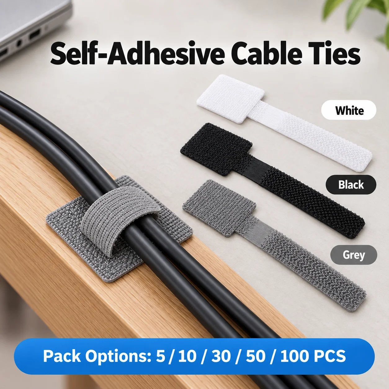 5/10/30/50/100PCS Self Adhesive Reusable Nylon Cable Ties Adjustable Hook-and-Loop Straps for Desk Home Office Cable Management