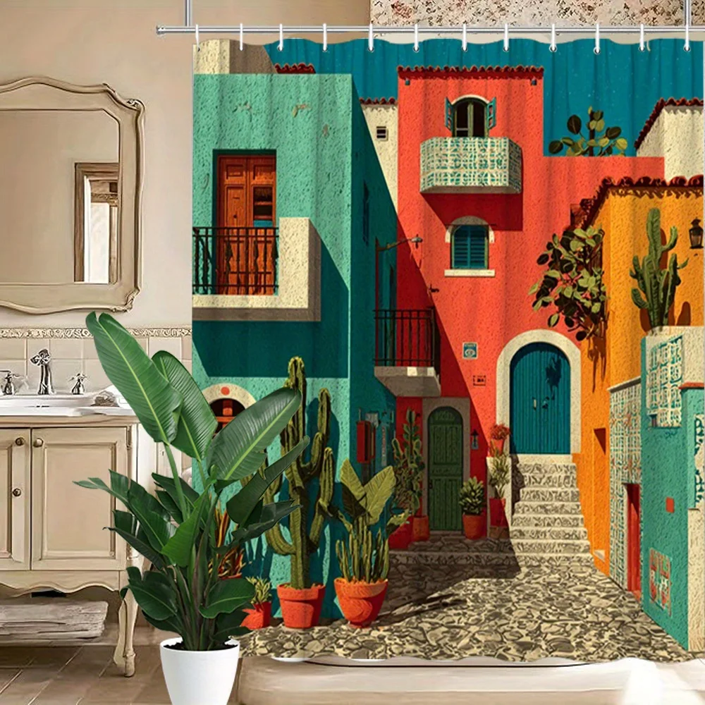 Rideau de douche imprimé Cactus Cobblestone, style bohème mexicain, coloré, motif rue de village, en tissu polyester imperméable et résistant à la moisissure, avec 1