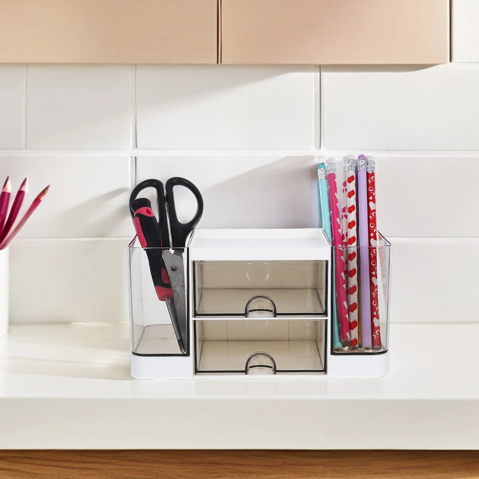 

Desktop Organizer with Drawers Storage Box for Stationery Makeup Supplies Compact Desk Organizer for Office Home Vanity Tabletop