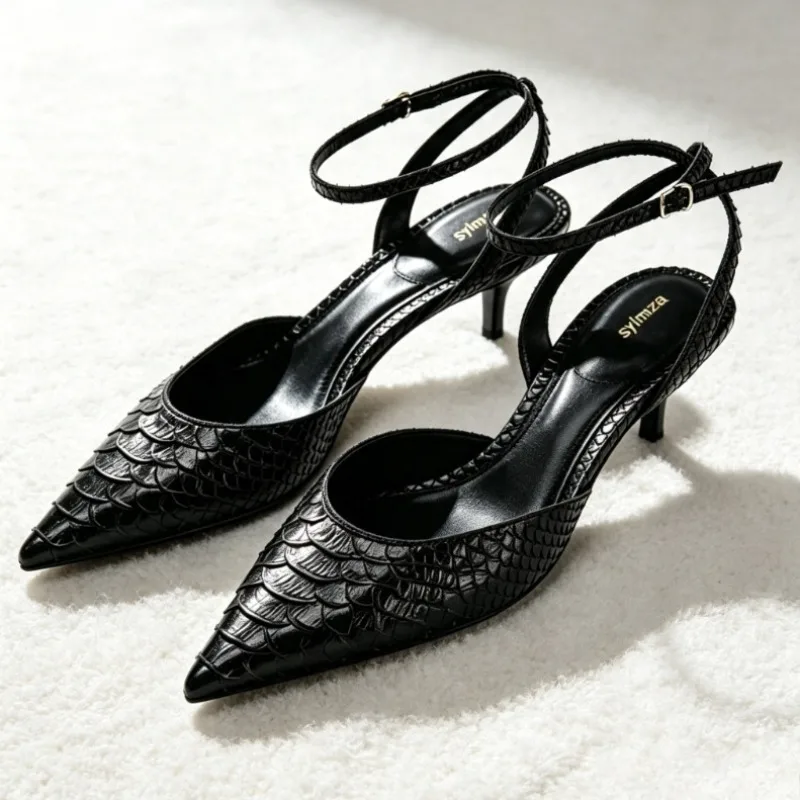 Fashion Embossed Upper Heeled Sandals Women Designer Pointed-Toe Ankle-Strap Detail Slingback Pumps Luxury Banquet Dress Shoes