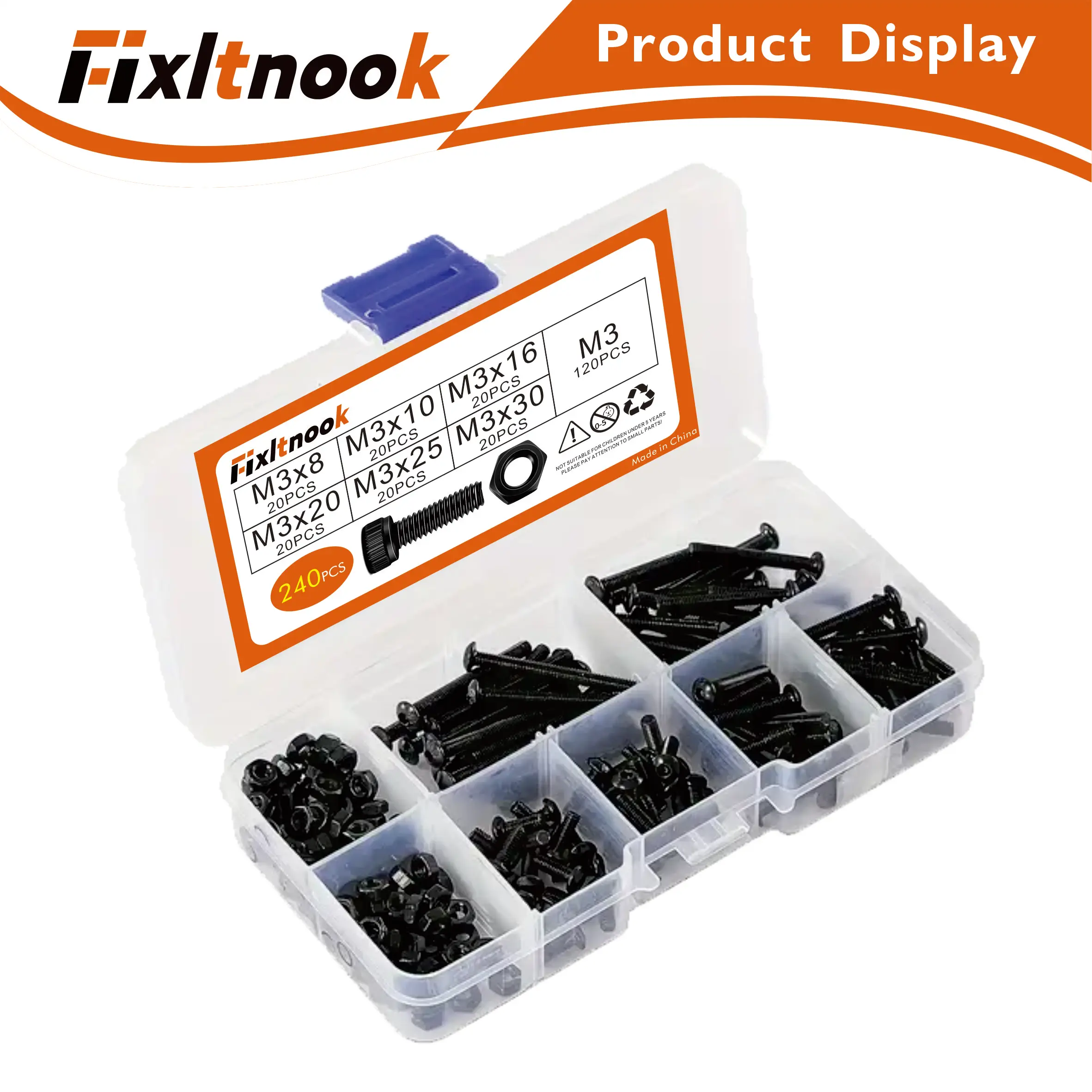 

240 штук, комплект болтов и гаек M3 8–30 мм, легированная сталь класса 10,9, обработка черного окисления, метрический шестигранный привод