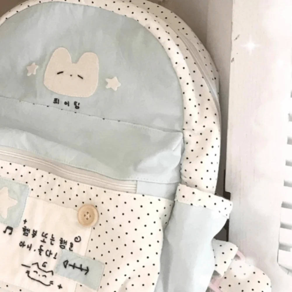 Nylon Polka Dot Patchwork Backpack Large Capacity Lightweight Cat Print Daypack Multi Pocket Polyester Lining School Bag Commute