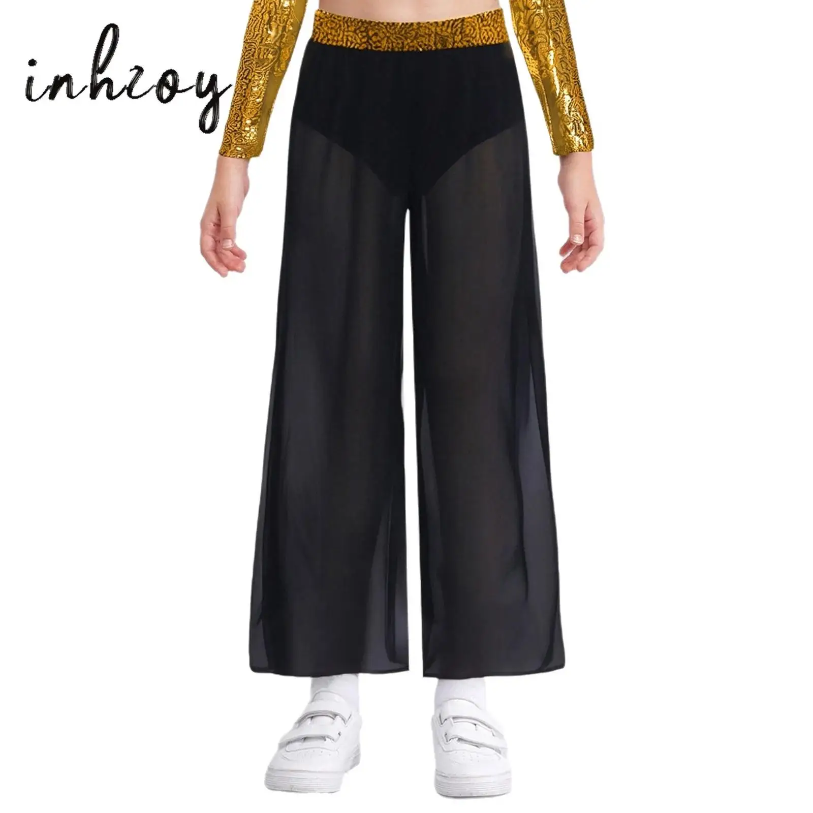 

Kids Girls Jazz Latin Dance Pants Shiny Sequins Waistband Flowing Chiffon Overlay Wide-Leg Side Slit Pants for Stage Performance