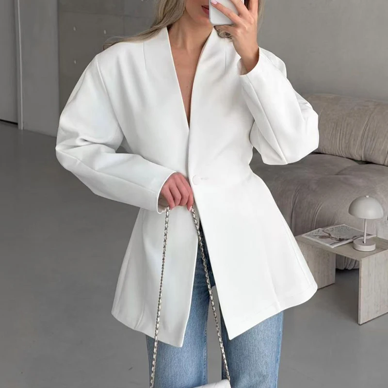 Deep V Single Button Loose Party Coat Elegant Loose Autumn Winter Outerwear Simple Solid Color Temperament Office Lady Jackets