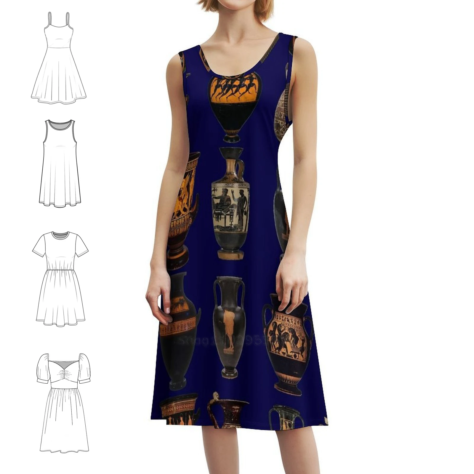 فستان بوهيمي بدون أكمام من الجرار اليونانية للنساء مطبوع عليه فساتين حفلات الشاطئ مزهرية جرة يونانية بقاعدة فستان سهرة للنساء #1