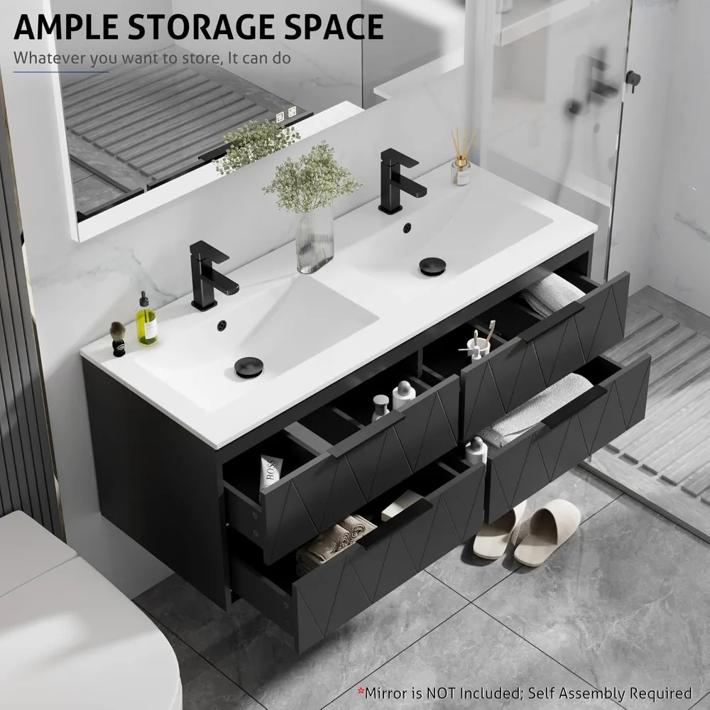 48" Bathroom Vanities Cabinet with Sink Combo, Wall Mounted Floating Cabinet W/Decor Line, Soft-Close System, 4 Extra BigDrawers
