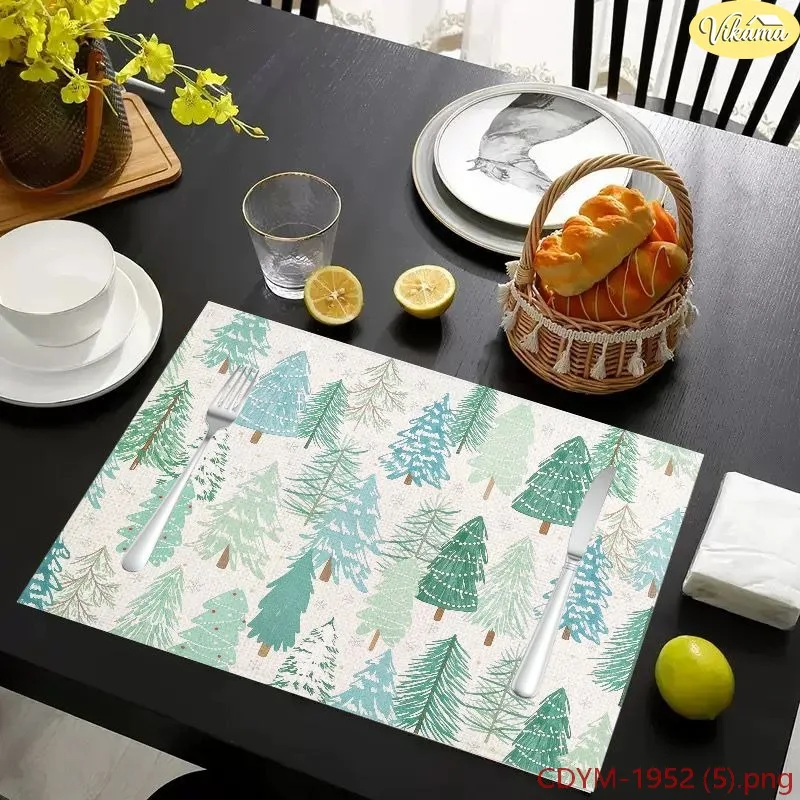 VIKAMA Christmas Placemats, Watercolor Blue Green Xmas Tree Gold Star Design, Washable Winter Holiday Kitchen Dining Mat