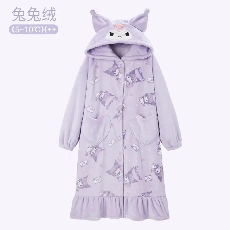 

Sanrio Kuromi Flannel Coral Fleece Lace Pajama Set Cute Thick Winter Sleepwear For Kids Girls Homewear Nightwear Kawaii Fashion
