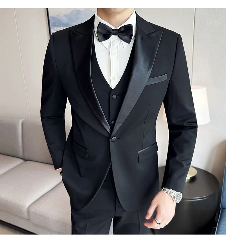 

Мужской деловой повседневный костюм, комплект из 3 предметов, черный элегантный свадебный костюм жениха, банкетный костюм (очки + жилет + брюки)