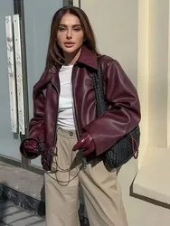 HH Wine Red Faux Leather Jakcet Fashion Outerwear Thicken Zipper Lapel Pu Coats Autumn Winter Streetwear Ladies Tops Women