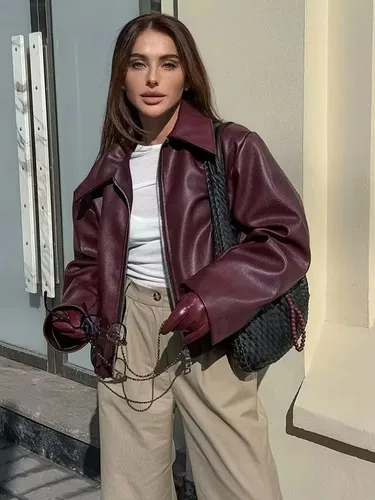 HH vino rojo imitación cuero Jakcet moda prendas de vestir exteriores espesar cremallera solapa Pu abrigos Otoño Invierno ropa de calle señoras Tops mujeres