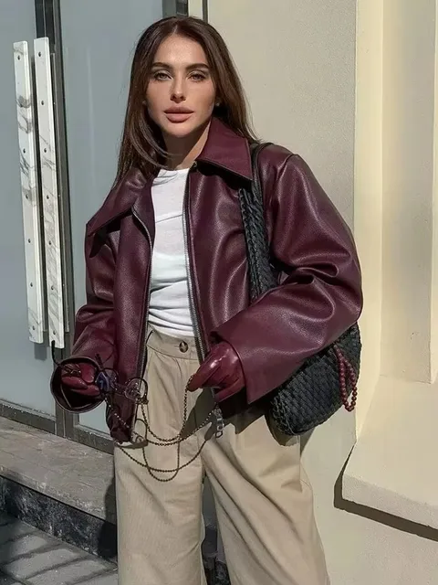Kurtka ze sztucznej skóry w kolorze wina, modna odzież wierzchnia, gruba, zapinana na zamek, z klapami, płaszcze PU, jesień-zima, streetwear, damskie topy, odzież damska.
