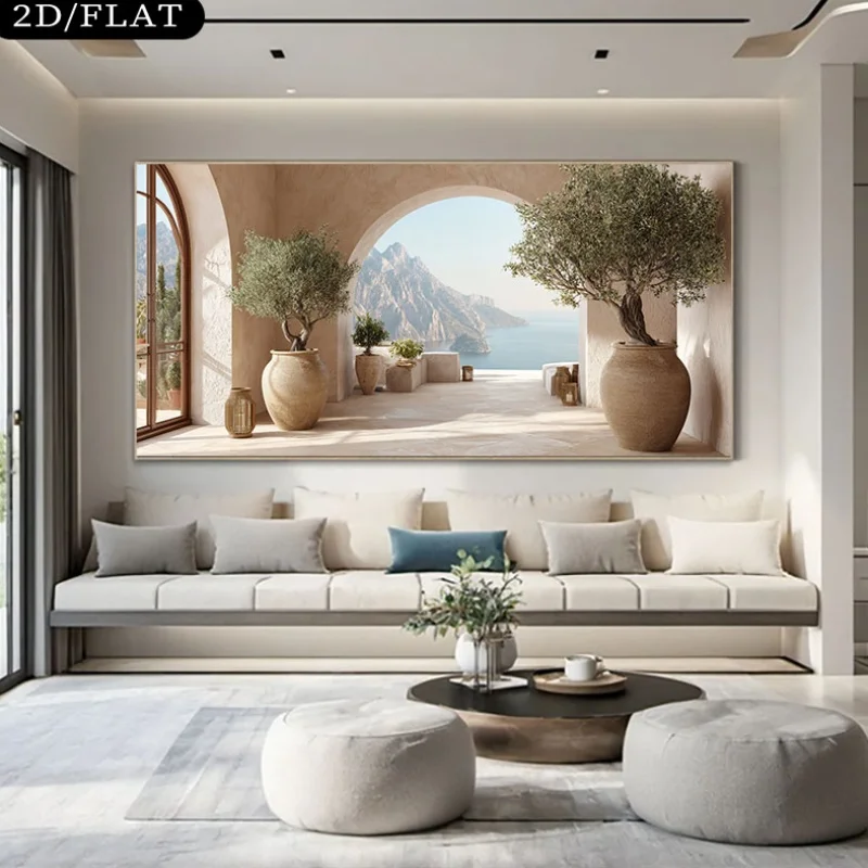 

2D Flat Large Modern Coastal Sea & Olive Trees Canvas Wall Art - Frameless Mediterranean Canvas Print for Living Room Decortions