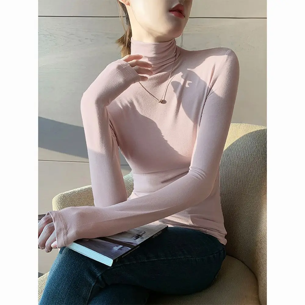 

Autumn Winter Warm Fleecing Slimming T-shirt and Blouse Elegant High Neck Long Sleeves Solid Color Thermal Underwear T287