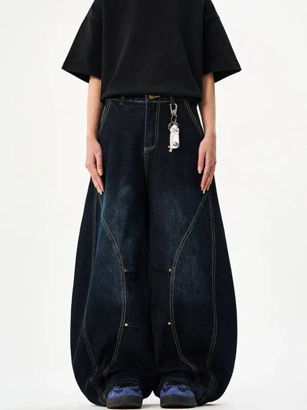 Calça Jeans American High Street Azul Escuro com Corte Reto, Unissex, Vintage, Perna Larga, Casual, em Mistura de Algodão e P...