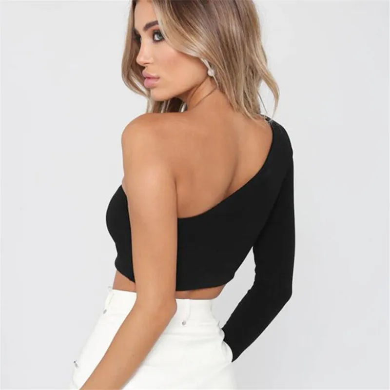 2024 summer Europe and the United States sexy women\'s diagonal shoulder long sleeve crop slim comfortable top