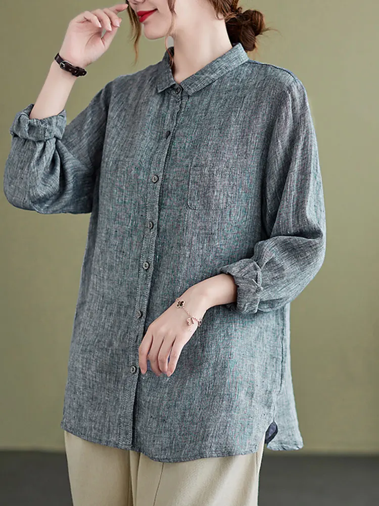 

High-End Japanese Sle Cotton Linen irt Women's Striped Vintage Linen Long Sve Base Layer Top Spring Season Collar