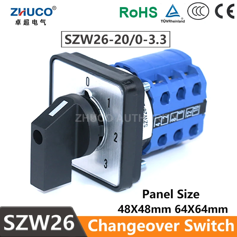 

ZHUCO SZW26/LW26-20 Ui 660V 20A 3 Phase 12 Screw Terminals 4 Position Selector Changeover Cam Switch 64X64/48X48 mm Panel Mount