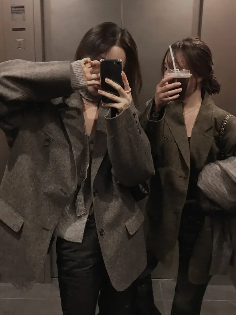 

Ele Women's Suit Jaet Korean Sle Long Sve Commute Friendly Chic Design Winter Faion Outerwear