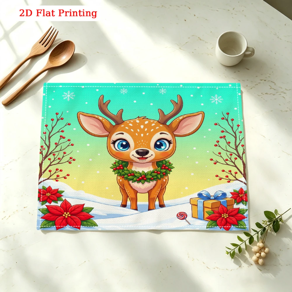 Cute Reindeer Winter Christmas Scene Kitchen Placemat Coaster Linen Pad Dish Coffee Cup Table Mat 30x40cm Home Decor