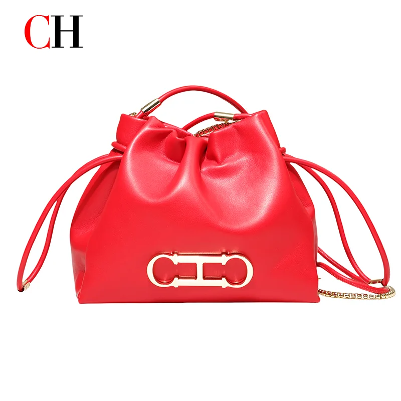 CH Women's Drawstring Bucket Bag Crossbody Bag With Gold Chain PU Leather Fashion Shoulder Bag For Ladies Daily Use