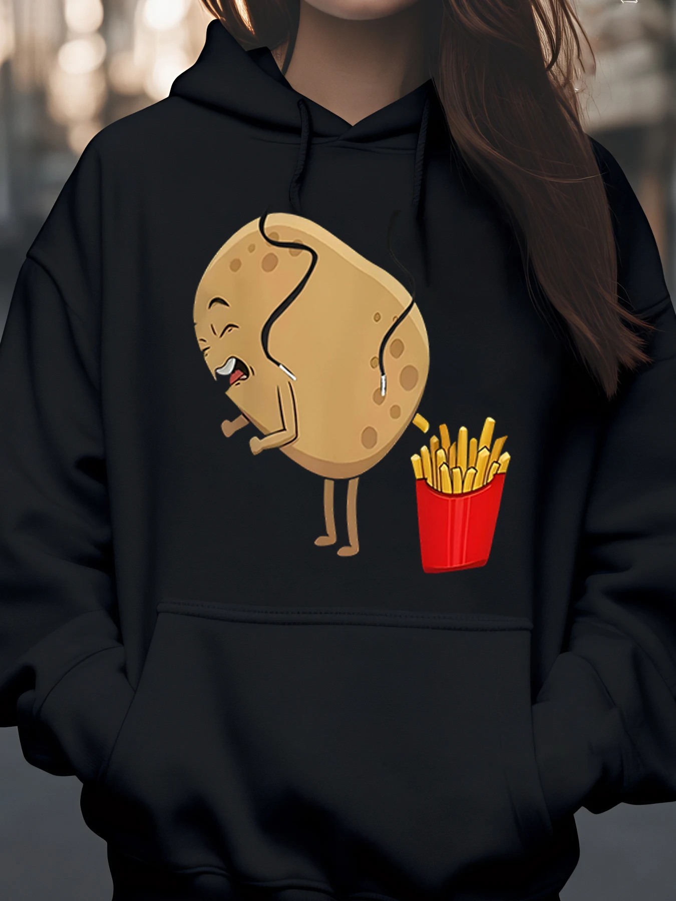 Sudadera con capucha con estampado de dibujos animados de patatas fritas para uso casual, mujeres y hombres